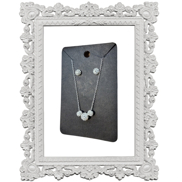 Trio of White Diamond Spheres Necklace with Matching Studs - Picture 2 of 7